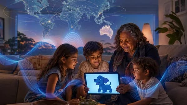 Children and elder share language through a tablet as Australia glows on a connected world map.