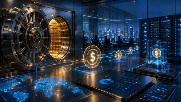 Institutional digital vault with glowing stablecoin tokens and blockchain payment rails