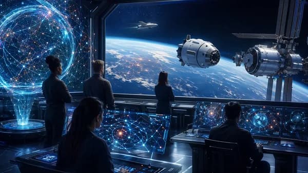 Generic crew capsule near a space station, viewed from futuristic mission control with engineers monitoring.