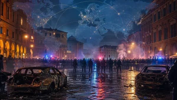 Bologna protest scene with police, smoke, burned cars, and global map overlay