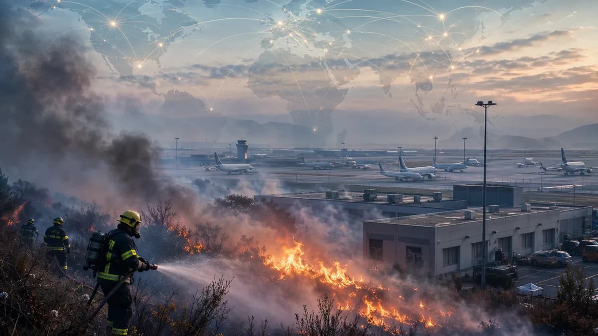 Firefighters battle a brush fire near an airport as smoke delays flights, with global map overlay.