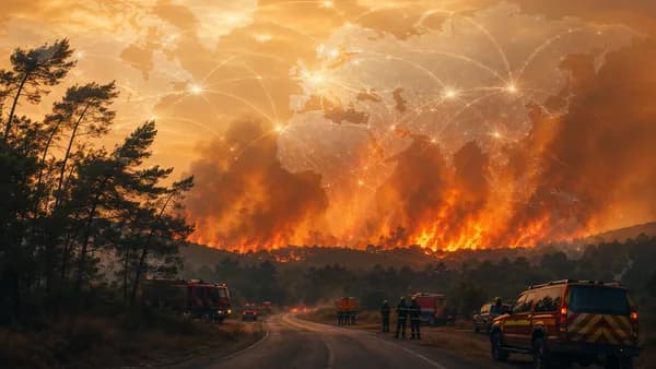 Wildfire smoke and heat haze near Bordeaux with firefighters, evacuation roads, and global map overlay.
