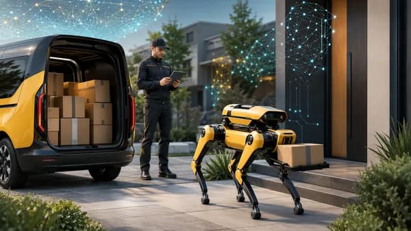 Robot dog carrying a parcel from a delivery van to a modern doorstep