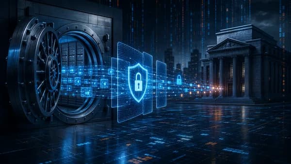 Secure financial data transfer protected by shields and locks in a dark cybersecurity scene.