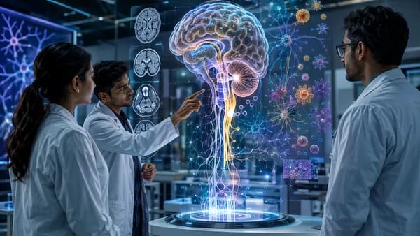 Scientists study a glowing 3D brainstem atlas in a futuristic neuroscience lab.