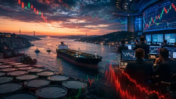 Oil tanker, barrels, and falling market charts suggest fragile crude relief trade amid geopolitical tension.
