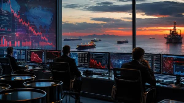 Oil traders watch falling crude market visuals as Gulf tankers move under tense dusk skies.