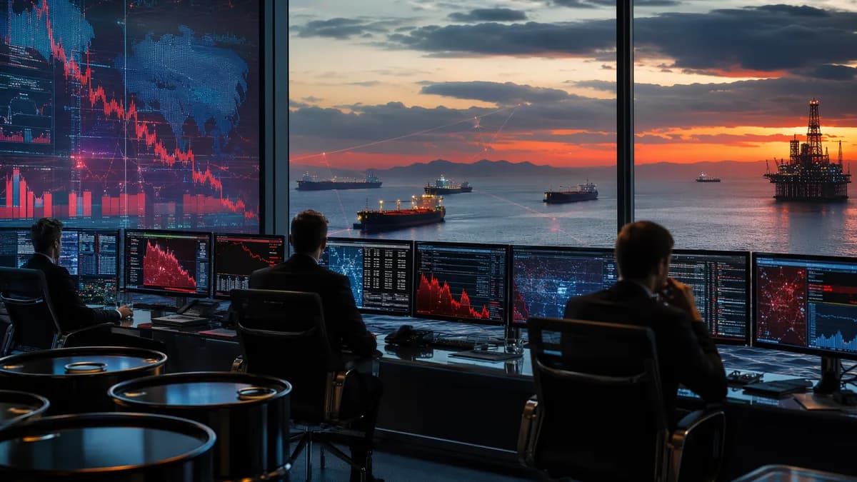 Oil traders watch falling crude market visuals as Gulf tankers move under tense dusk skies.