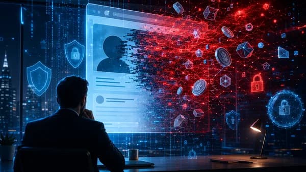 Hacked executive social account visualized with glitches, crypto tokens, locks, shields, and dark cybersecurity lighting.