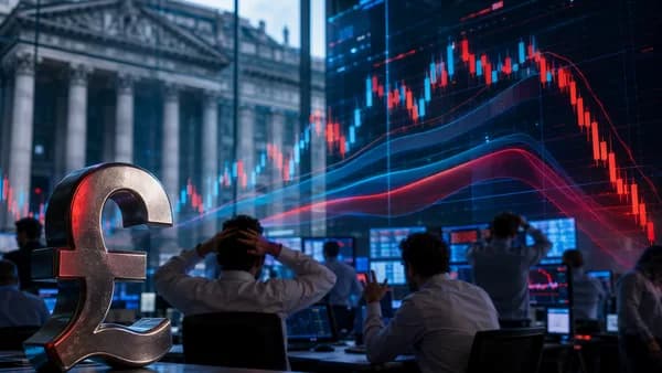 London trading desk with pound symbol and falling market charts, suggesting dovish BoE repricing.