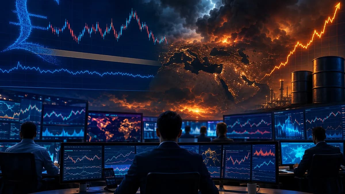 Trading floor with surging oil visuals and calm pound market data amid geopolitical tension.