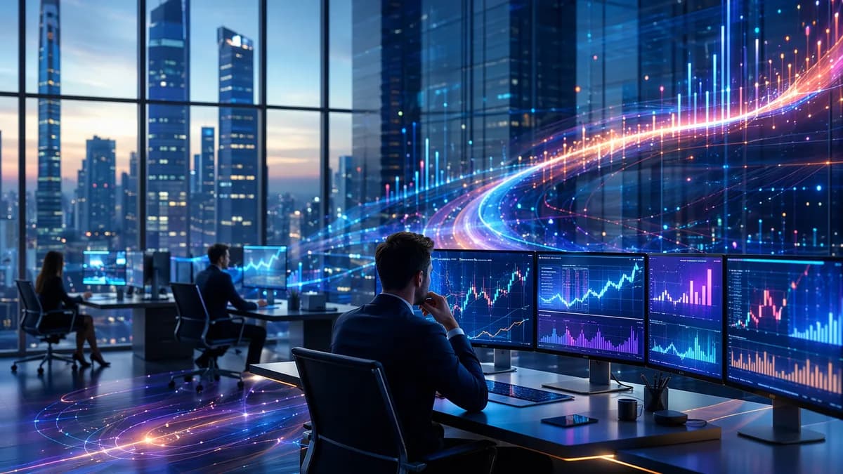 Futuristic brokerage office with abstract rising profit visuals and digital finance dashboards.