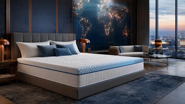 Luxury hotel bed with cooling accents and abstract global map backdrop