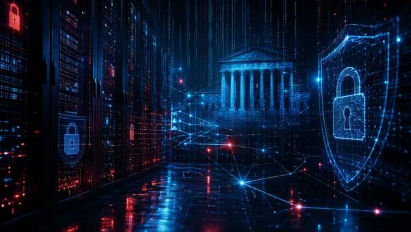 Dark data center with security shields and courthouse silhouette symbolizing cybercrime hosting indictment