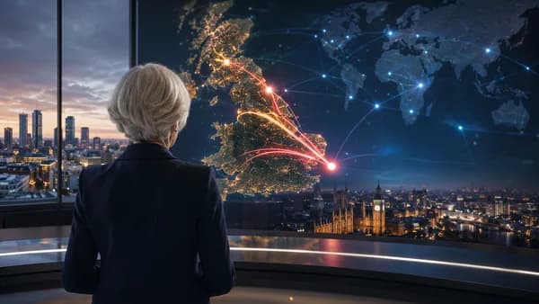 Woman executive overlooks Manchester with map connections symbolizing UK devolution and global politics.