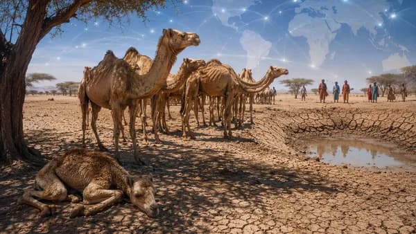 Camels and herders in a hot Ethiopian dryland landscape with a subtle global map overlay