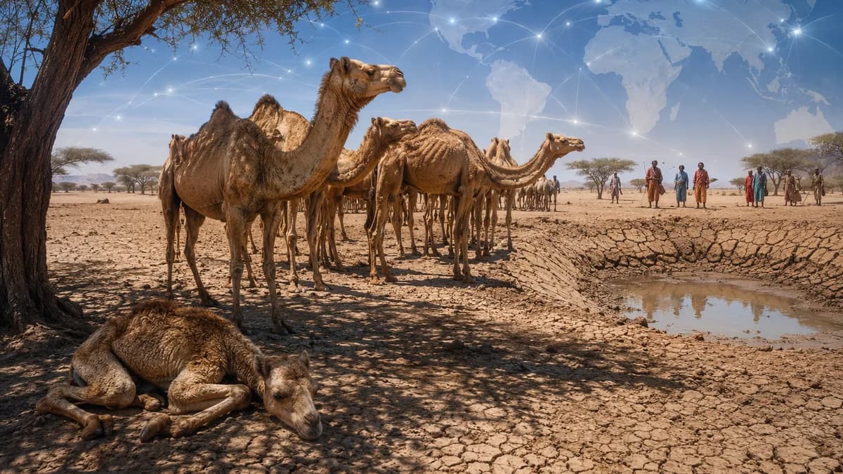 Camels and herders in a hot Ethiopian dryland landscape with a subtle global map overlay
