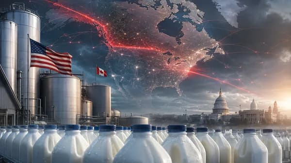 Milk and trade routes over North America symbolize Canada-US dairy tariff tensions.