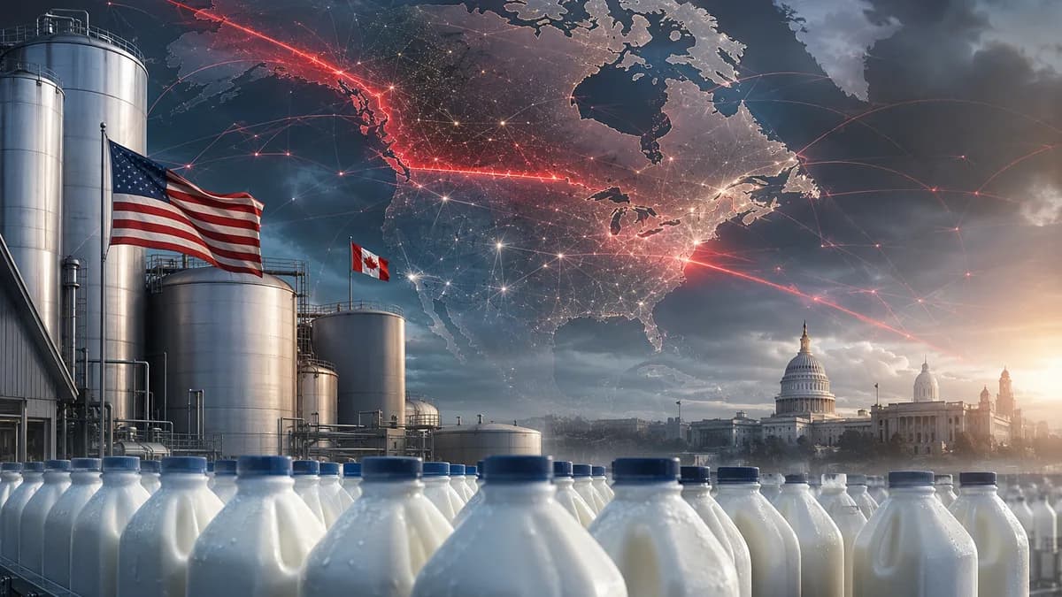 Milk and trade routes over North America symbolize Canada-US dairy tariff tensions.