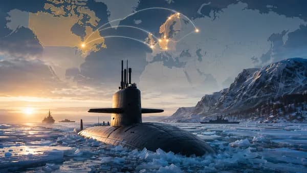 Modern submarine breaking Arctic ice with global connection map linking Canada, Germany and Norway.