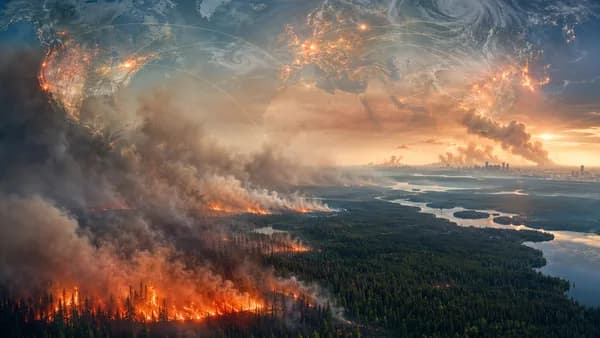 Canada wildfires send smoke across a world map with global connections and smoky skies.