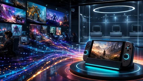 Futuristic handheld console energized by developer workstations in a sleek tech gaming lab.
