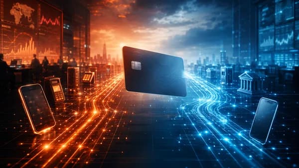 Generic credit card shifting between glowing payment rails in a modern fintech network scene