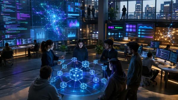 Independent developer teams take over a decentralized blockchain network in a futuristic fintech workspace.