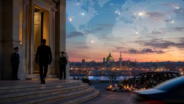 Maltese courthouse scene with businessman silhouette, memorial candles, and global connection map overlay