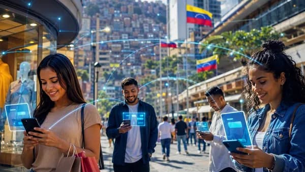 Venezuelan shoppers use mobile BNPL payments amid connected storefronts and digital finance visuals.