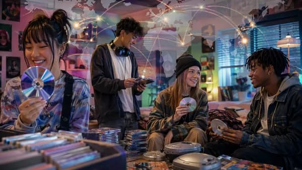 Young fans collect CDs amid a global music trend map, highlighting renewed physical media sales.