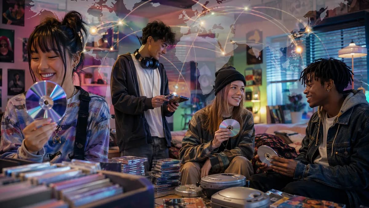 Young fans collect CDs amid a global music trend map, highlighting renewed physical media sales.