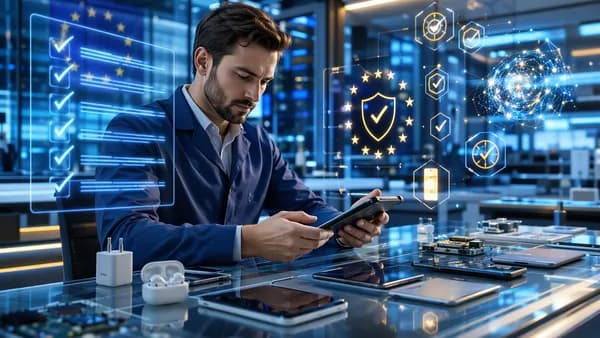 Electronics on a lab table with abstract compliance icons in a futuristic tech workspace.