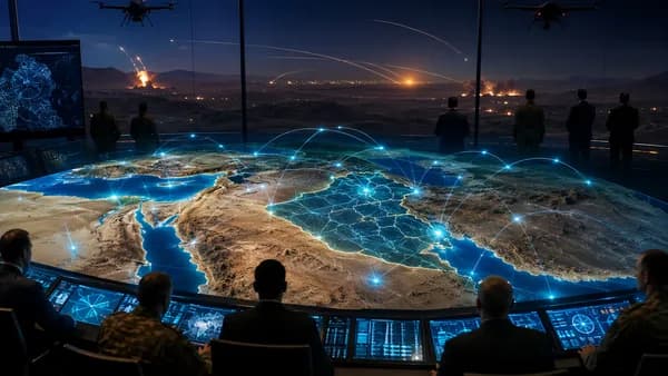 Holographic Middle East map with drones and distant strikes, symbolizing rising regional tensions.