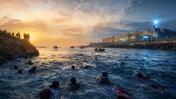Migrants swim across rough waters toward fortified Ceuta, with world map and global connection arcs overhead.