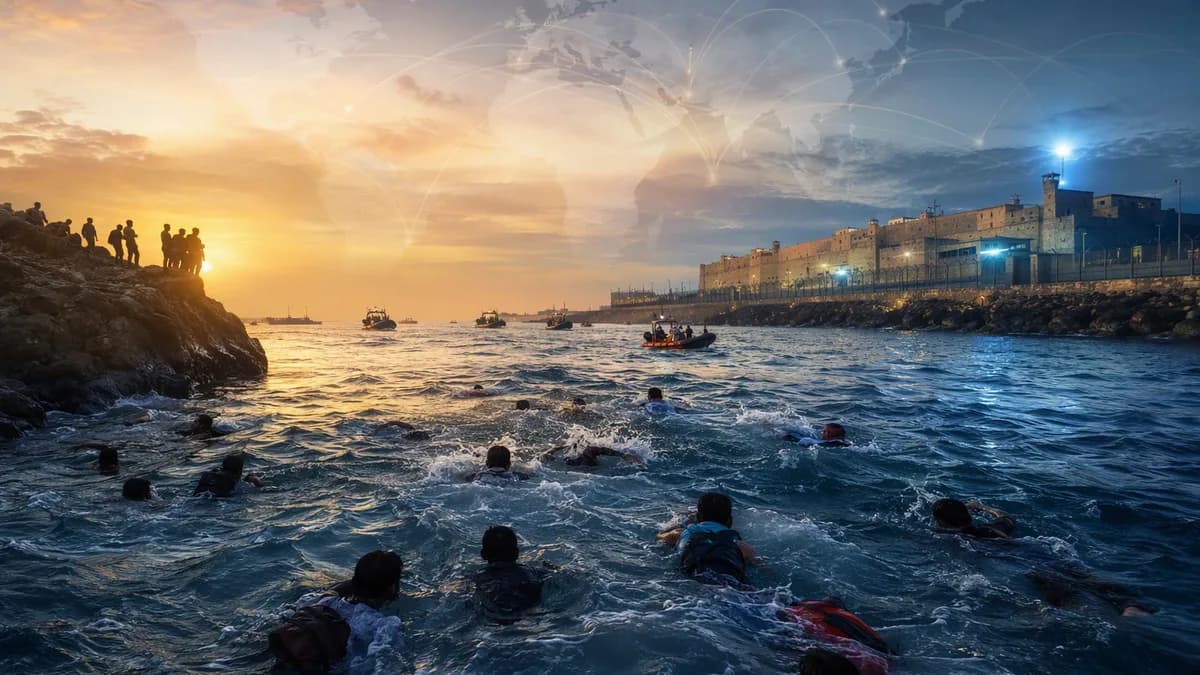 Migrants swim across rough waters toward fortified Ceuta, with world map and global connection arcs overhead.