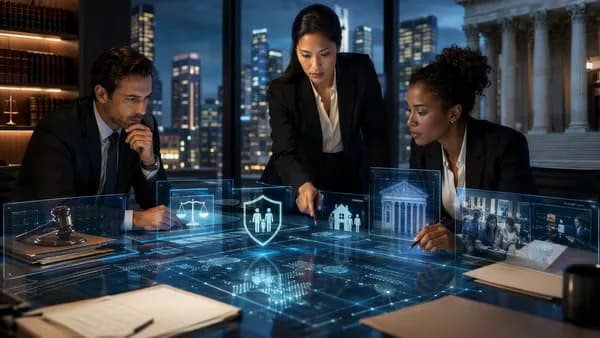 Attorneys review digital financial evidence in a modern legal office overlooking a city skyline.
