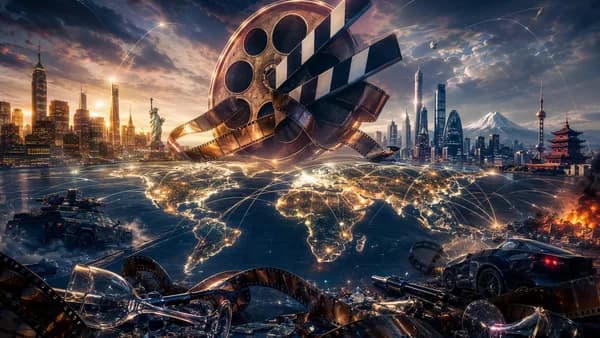 Global cinema scene with world map, film reels, champagne glass, and light trails evoking cult bad movies.