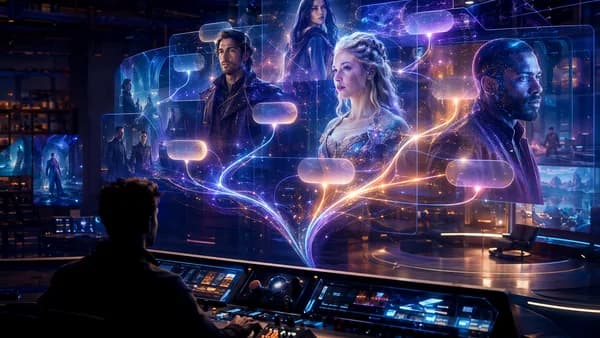 Futuristic AI studio with holographic drama characters and branching interactive story paths.