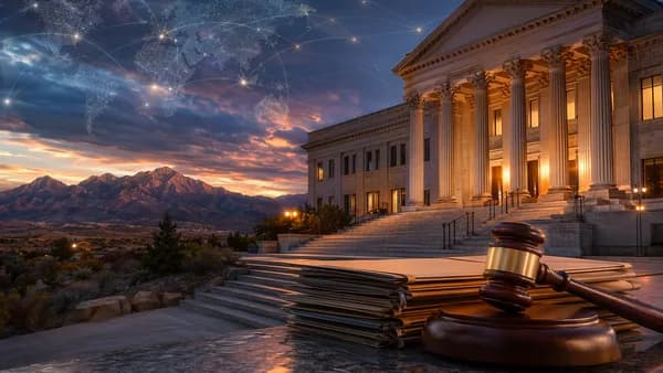Utah courthouse with gavel, case files, desert skyline, and subtle global map connections.