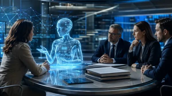Corporate AI chatbot hologram facing a customer in a futuristic tech boardroom, suggesting business accountability.