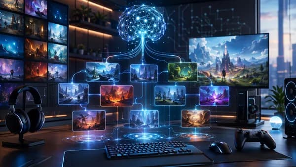 AI hologram organizing a gamer’s backlog in a sleek futuristic workspace.