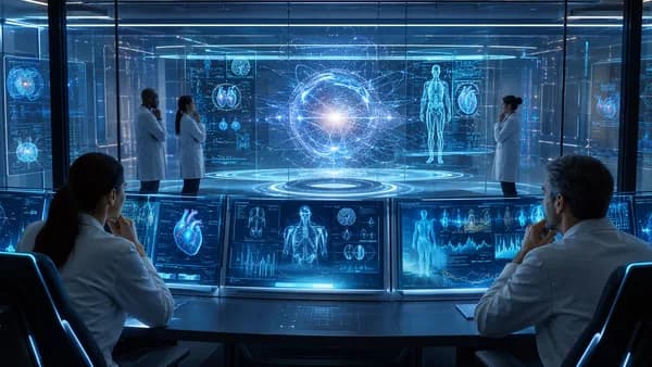 AI health platform in a futuristic medical workspace with clinicians, data streams, and holographic records.