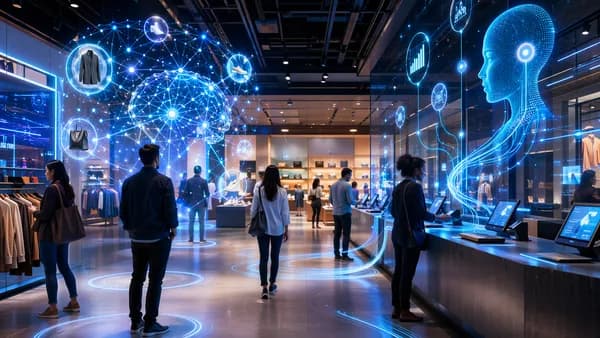 AI neural network guiding shoppers through a futuristic retail store with abstract analytics and screens.