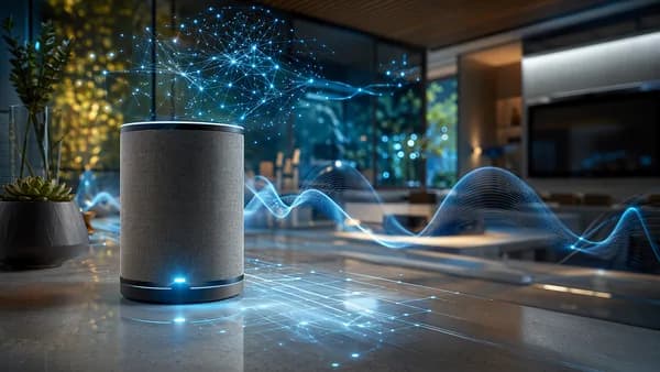 Futuristic AI smart speaker in a connected home with glowing neural network light patterns.