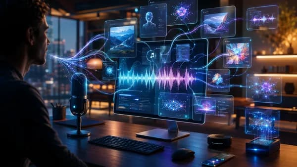 Voice-controlled AI desktop workstation with glowing waveform and futuristic task panels.