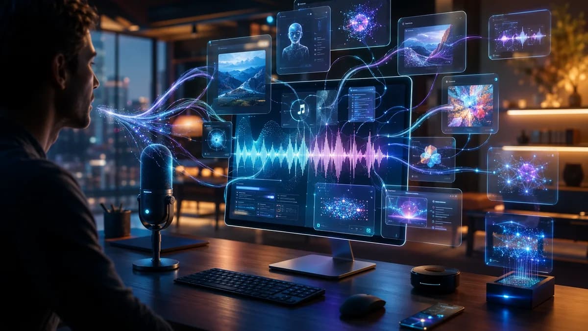 Voice-controlled AI desktop workstation with glowing waveform and futuristic task panels.
