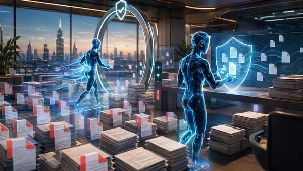 Two AI file agents sort digital documents in a futuristic workspace with security controls.