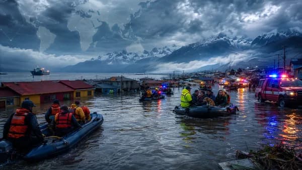 Flooded Chilean town with rescue boats and storm clouds, shown as a global climate emergency.