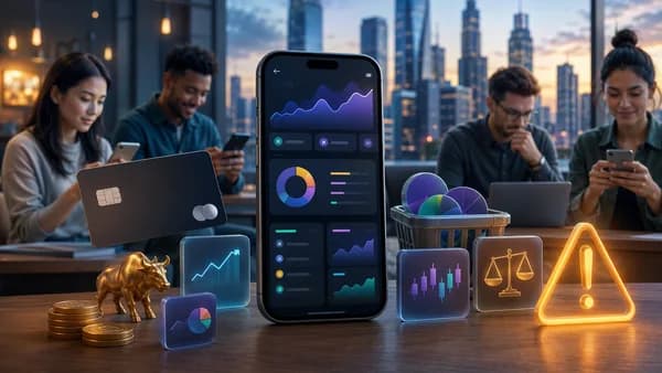 Generic mobile banking app adds stock and ETF investing with risk themes in a modern fintech scene.